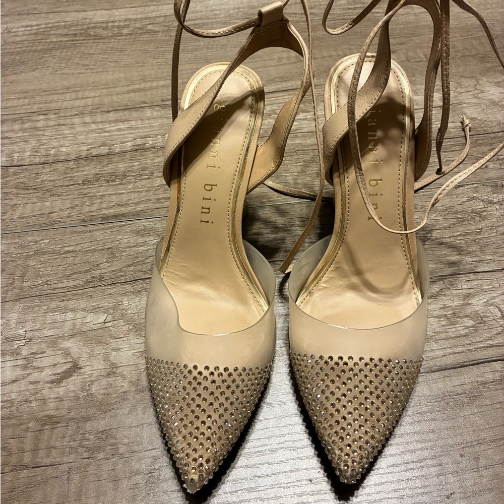 Gianni Bini Nude Pointed Crystal-Embellished Ankle Tie Heels